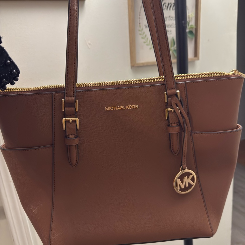 Michael Kors Brown Leather Tote Bag (Signature Charlotte)